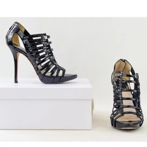 CHRISTIAN DIOR Patent Leather Stripes Cage Sandals Heels Black Metal Vintage